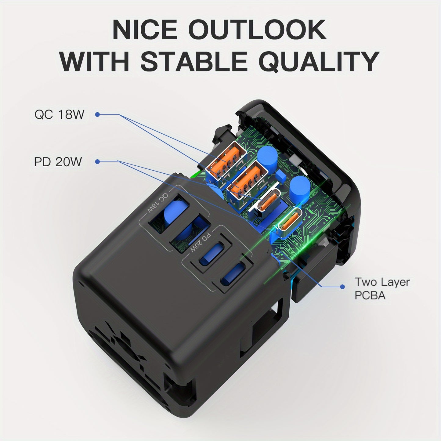 [Popular Choice] 1pc HKLAMIN Compact Travel Adapter with 5-in-1 International Power Plug - Features 3.5A, Dual USB-A Ports & Type-C, PD 20W, QC 18W Fast Charging, AC Outlet - Black, for US, UK, Australia, Asia (Type C/G/A/I), Travel Charging Station|Mode