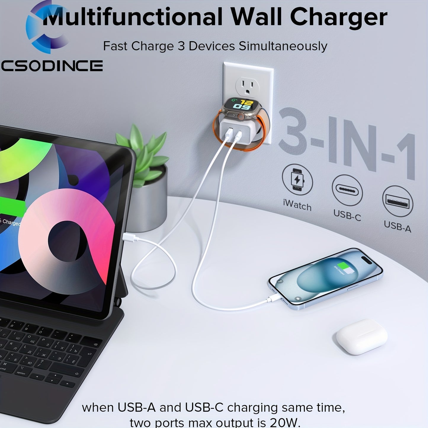 CSODINCE 20W For Apple Watch Charger, Multiport PD Fast Charger Block Brick Cube, USB C Wall Power Adapter For IPhone 11/12/13/14/15/Pro Max, XS/XR/X, Ipad Pro, Samsung Galaxy & More (White)