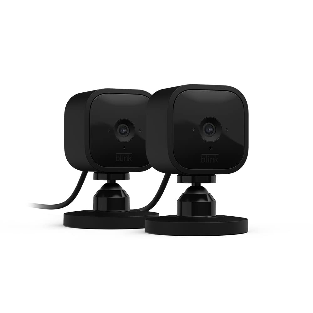 Blink Mini - Compact indoor plug-in smart security camera, 1080p HD video, night vision, motion detection, two-way audio, easy set up, Works with Alexa – 2 cameras (White)