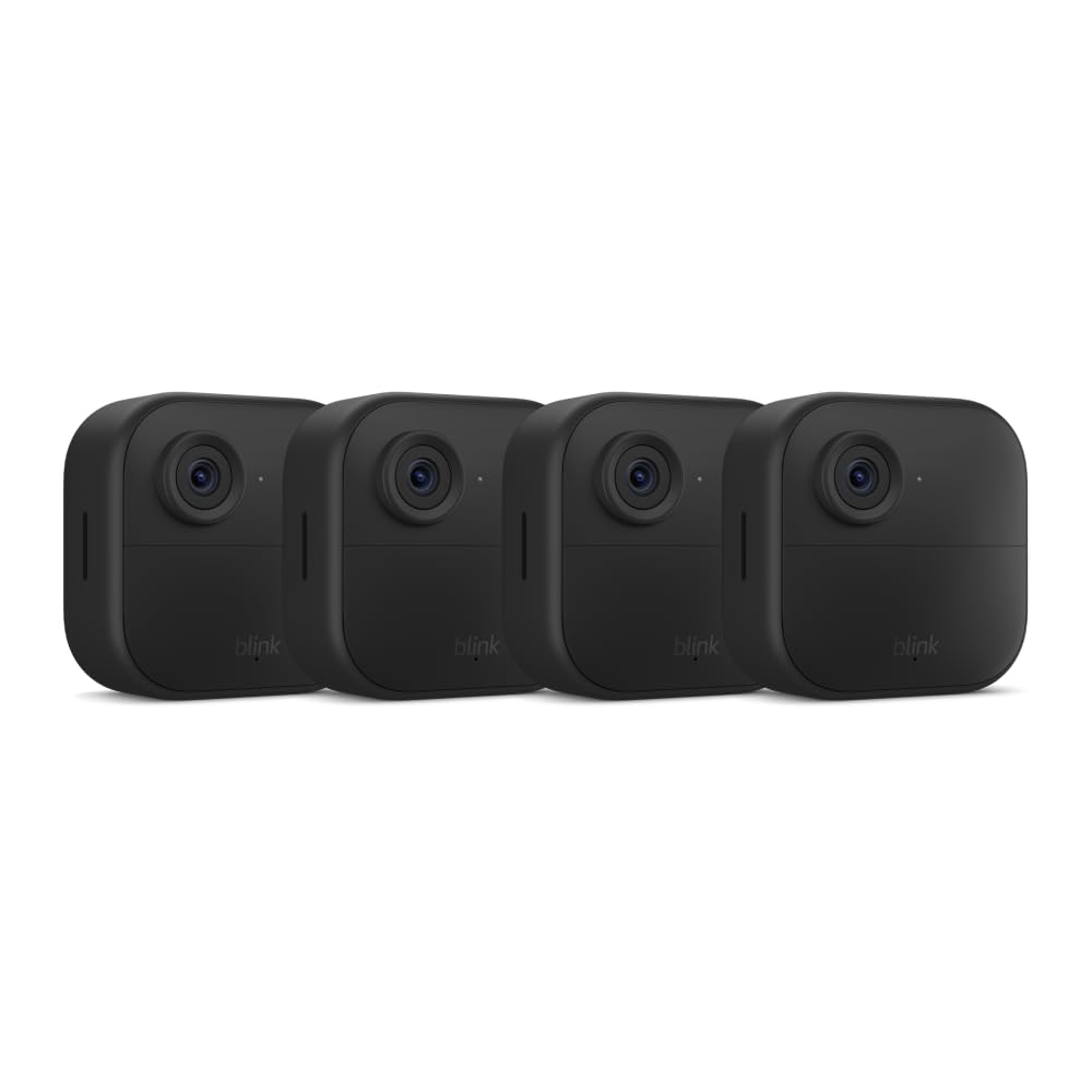 Blink Outdoor 4 (newest model), Wire-free smart security camera, two-year battery life, two-way audio, HD live view, enhanced motion detection, Works with Alexa – 5 camera system