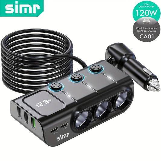 simr 8-in-1 120W High Power Fast Charger with USB Type-C, 3-Port Universal Charging Adapter, PD, LED Voltage Display, 12V/24V Plug, 3 Socket Splitter with Separate Switches, Long Cable Vehicle Lighter Adapter - For Cars & Trucks -  Suitable for All Devic