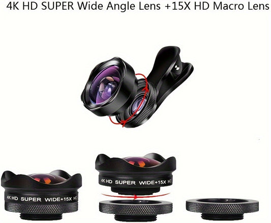 Universal 4K HD Super Wide 15X Macro 2 in 1 Camera Lens Kit, Clip-On Phone Lens, Aluminum Alloy - For Smartphone Photography Enthusiasts - Enhance Mobile Photography - Perfect Gift for Travelers & Vloggers