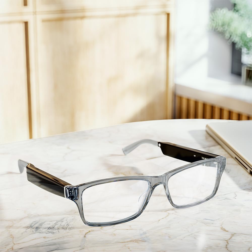 Amazon Echo Frames (3rd Gen) | Smart glasses with Alexa | Modern Rectangle frames in Charcoal Gray with blue light filtering lenses