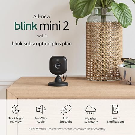 Blink Mini 2 (newest model), Plug-in smart security camera, HD night view in color, built-in spotlight, two-way audio, motion detection, Works with Alexa (White)