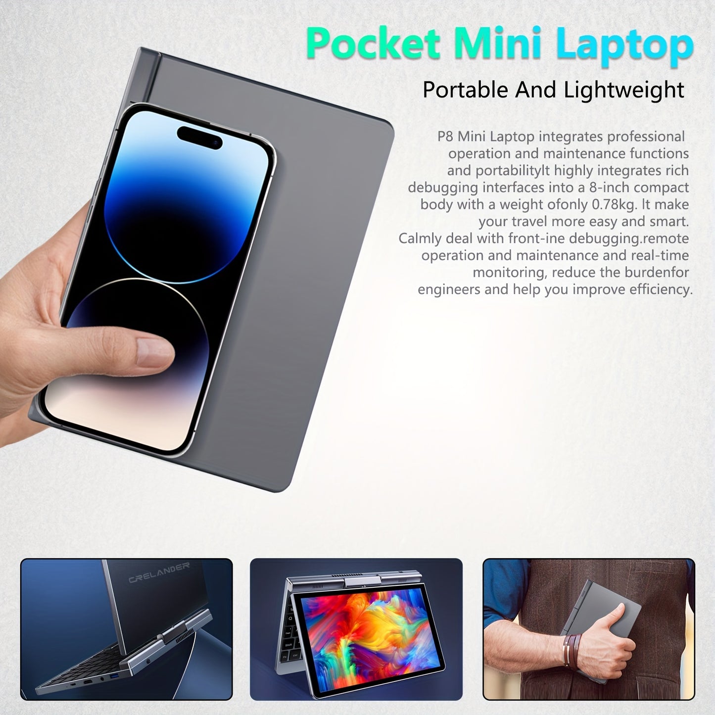 Crelander 2 in 1 Mini Laptop | 8 Inch Touchscreen Portable Computer | Intel 12th Gen N100 Processor | 12GB DDR5 RAM | 1TB M.2 SSD | PD 30W Charging | Wi-Fi 6 BT5.2 | Backlit Keyboard | Windows 11