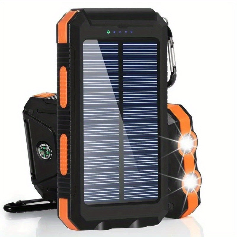 Solar Power Bank: Portable Charger with Dual LED Flashlights, USB Input/Output & Waterproof Solar Panel