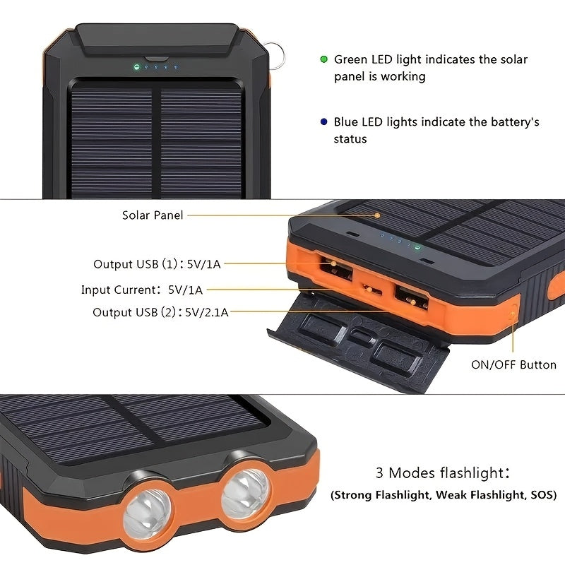Solar Power Bank: Portable Charger with Dual LED Flashlights, USB Input/Output & Waterproof Solar Panel