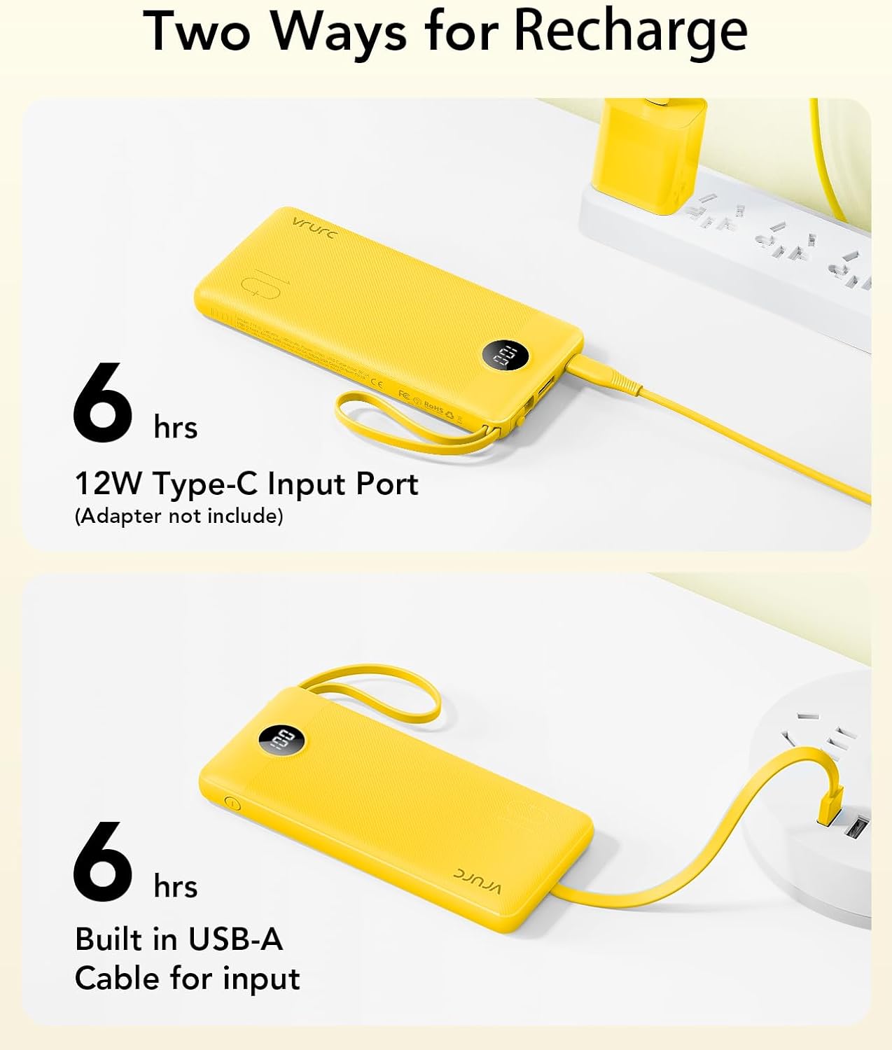 VRURC 10000mAh Power Bank Built-in Cables, Portable Charger with LED Display, Slim Travel Battery Pack with Cords, 5 Output Dual Input Phone Charger for Cell Phone Smart Devcies-Blue(1 Pack)