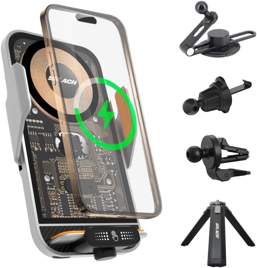 SPLACH Zippy Wireless Charging Phone Holder, Hook-Type/clamp-Style Vent Mount, Invisible Mount, Tripod, auto-Sensor Phone Holder, Compatible with iPhone Samsung Google and All 4.7&#39;&#39;-6.8&#39;&#39; Phones