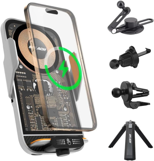 SPLACH Zippy Wireless Charging Phone Holder, Hook-Type/clamp-Style Vent Mount, Invisible Mount, Tripod, auto-Sensor Phone Holder, Compatible with iPhone Samsung Google and All 4.7&#39;&#39;-6.8&#39;&#39; Phones