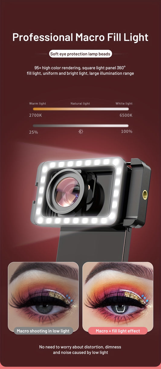 APEXEL 15x Macro Lens with LED Light, Multifunctional Clip, 3 Color Levels, 2700-6500K, Type-C Charging, Compact and Portable, Compatible with iPhone, Samsung, Xiaomi, GoPro Cameras