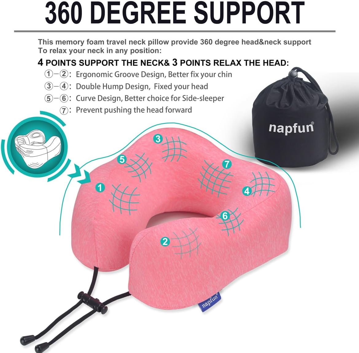 napfun Neck Pillow for Traveling, Upgraded Travel Neck Pillow for Airplane 100% Pure Memory Foam Travel Pillow for Flight Headrest Sleep, Portable Plane Accessories, Striped Black