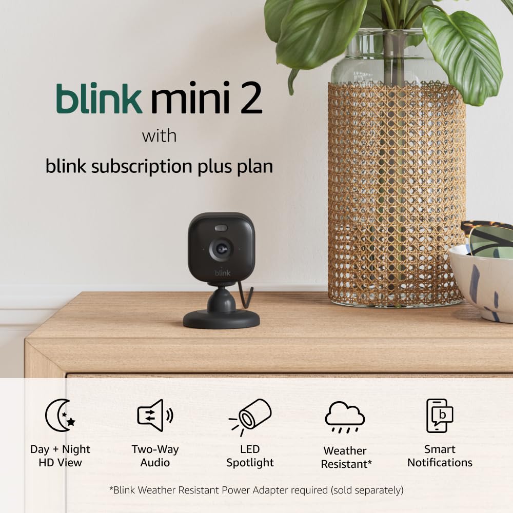 Blink Mini 2 (newest model), Plug-in smart security camera, HD night view in color, built-in spotlight, two-way audio, motion detection, Works with Alexa (White)