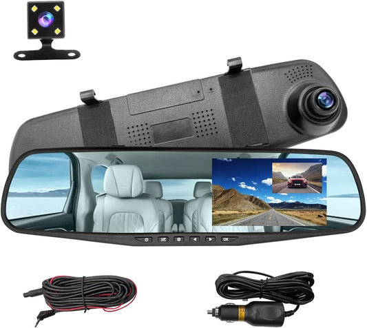 Mirror Dash Cam for Car, 4.3&#34; Backup Smart Rearview Mirror Camera, Waterproof HD 1080P Front and Rear Wide Angle, Support Dual Cameras, Night Vision, Parking Assistance &amp; Loop Record