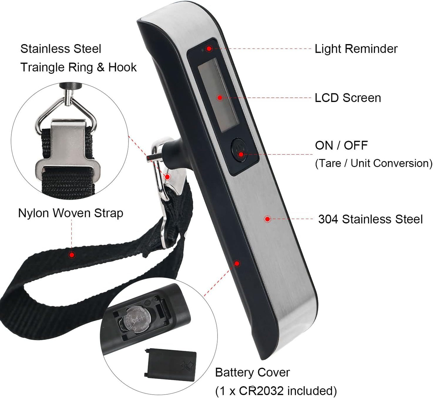 travel inspira Luggage Scale, Portable Digital Hanging Baggage Scale for Travel, Suitcase Weight Scale with Rubber Paint, 110 Pounds, Battery Included