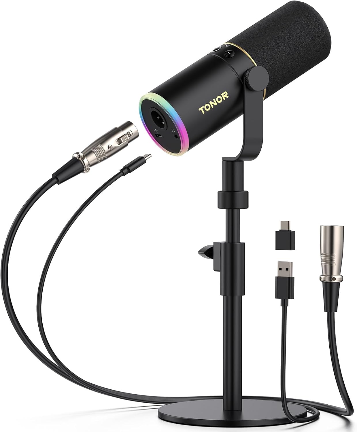 TONOR XLR/USB Gaming Microphone Kit, RGB Dynamic PC Mic for Streaming Podcasting with Low Profile Boom Arm, Metal Recording Mic with Gain Control, Mute, Monitoring for Mac Android Tablet PS4/5 TD520S