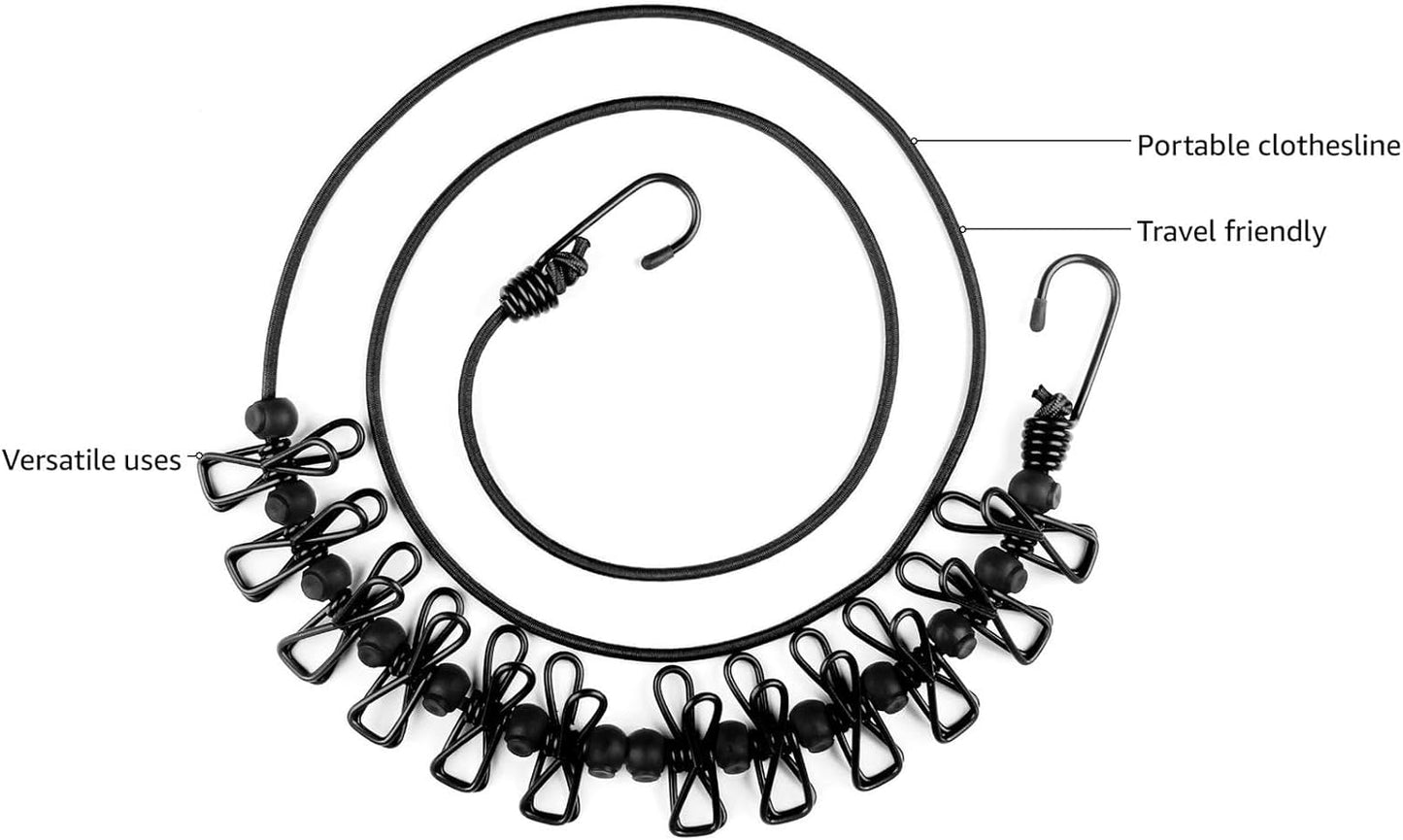 HAWATOUR Travel Clothesline, Portable Retractable Clothesline with 12pcs Clothespins for Indoor Laundry Drying, Outdoor Camping Accessories, Black