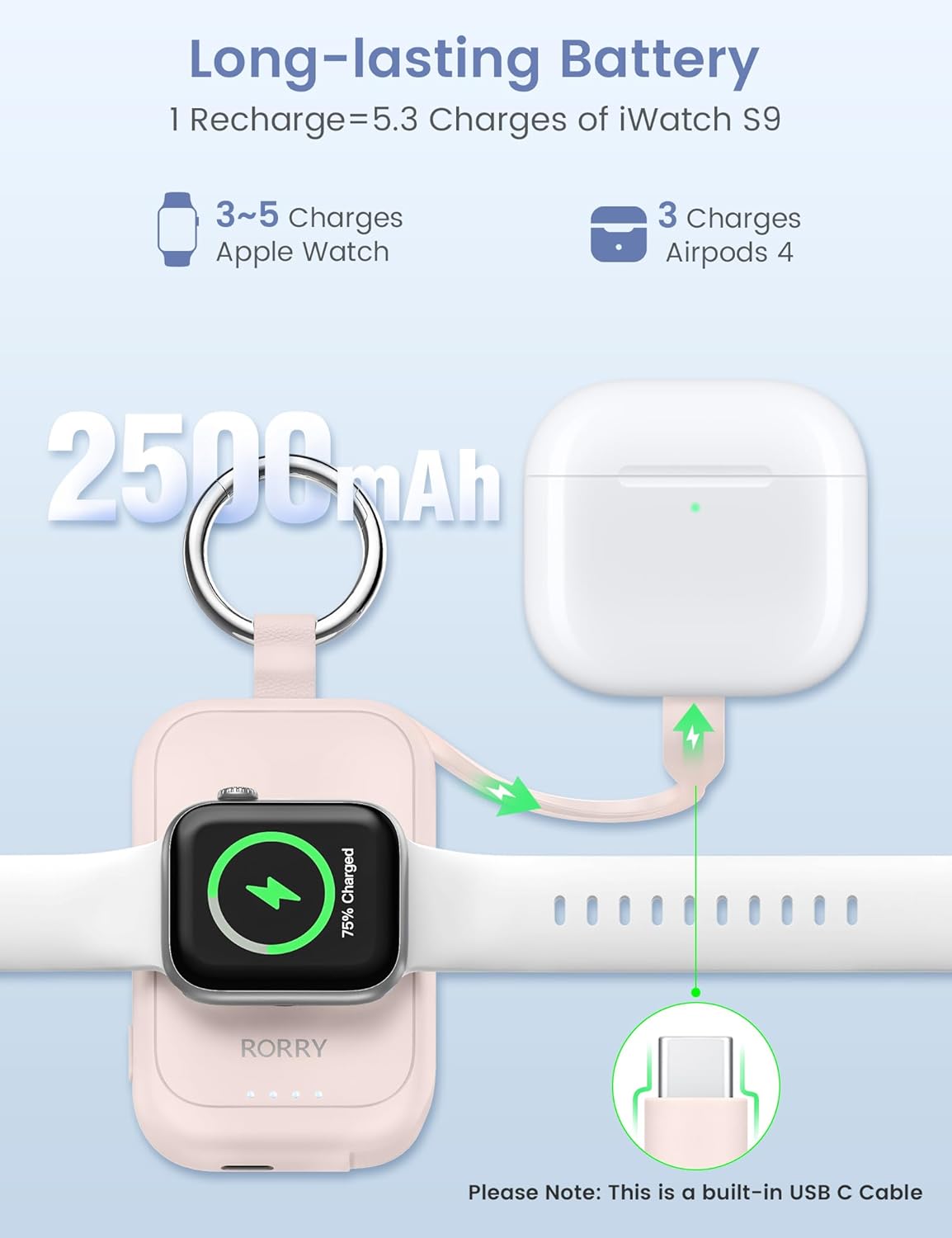 RORRY Charger for Apple Watch Series 9, 2500mAh Fast Charging Portable Charger for iWatch, Travel Charger with Built-in USB C Cable for Apple Watch Ultra Series 9 8 7 6 5 4 3 2 SE Accessories, Pink