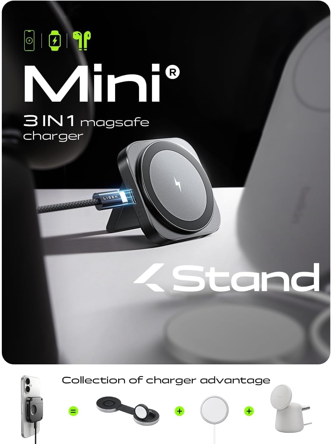 LISEN for Magsafe Charger Stand for Apple,Travel Charger for iPhone 16 Pro Charging Station Pad,Magnetic Wireless Charger for iPhone and Watch Airpods Travel Magsafe Accessories Fit iPhone 16-12,Black