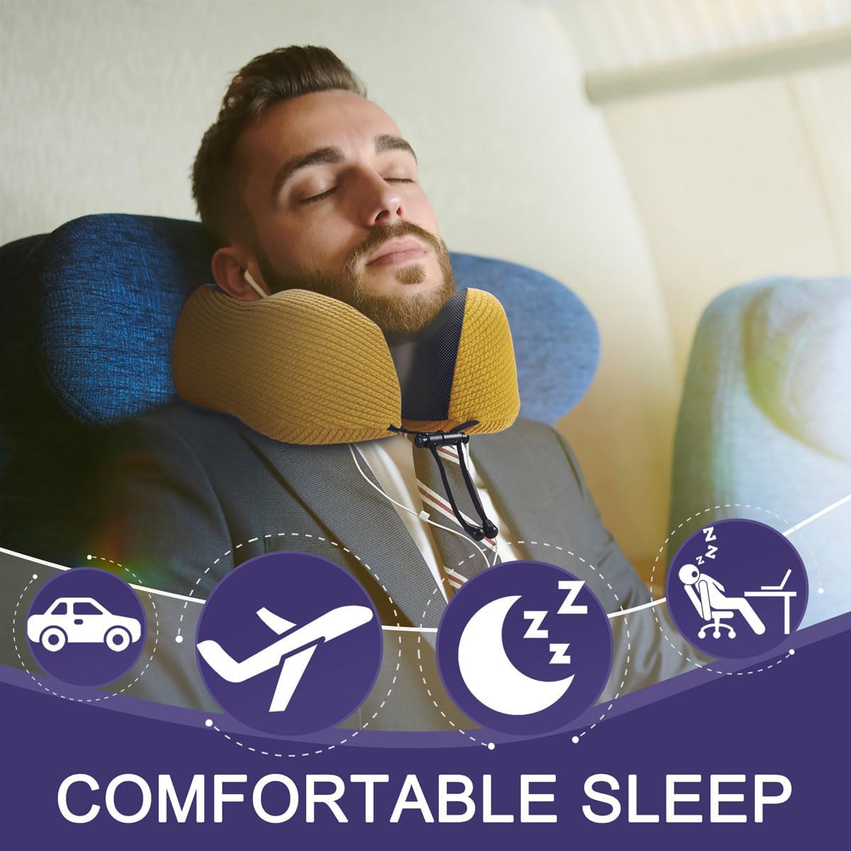 napfun Neck Pillow for Traveling, Upgraded Travel Neck Pillow for Airplane 100% Pure Memory Foam Travel Pillow for Flight Headrest Sleep, Portable Plane Accessories, Striped Black