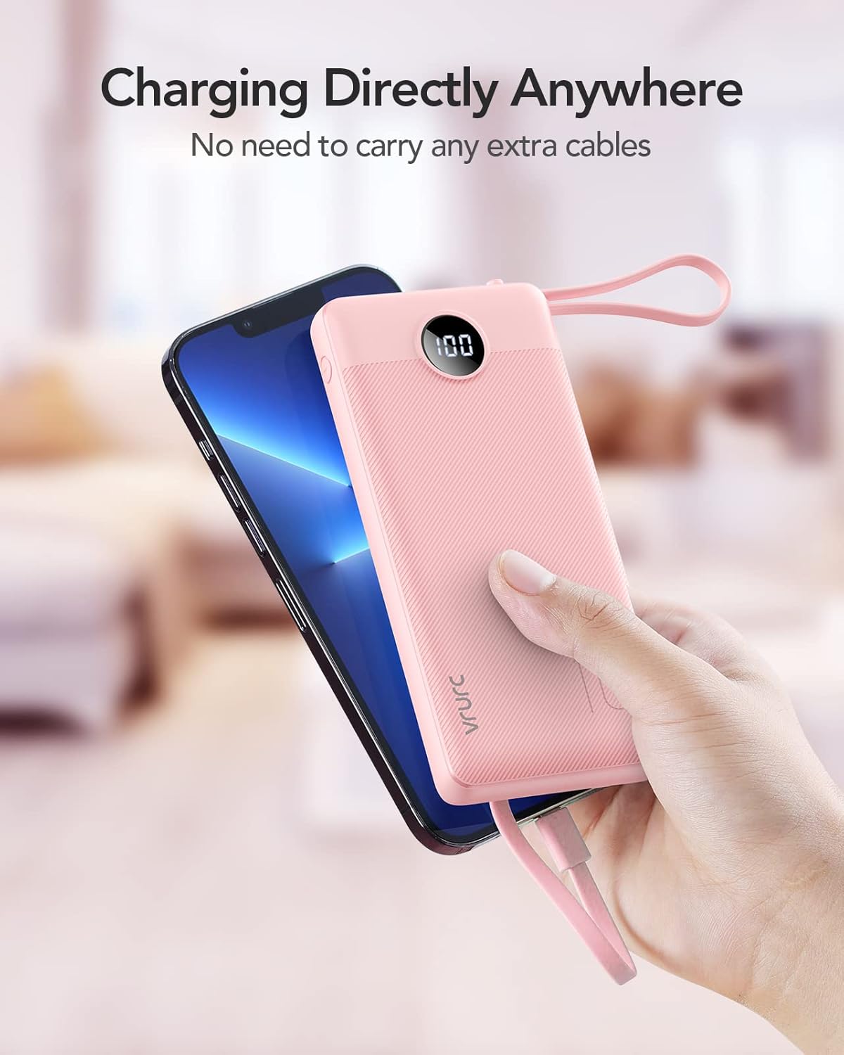 VRURC 10000mAh Power Bank Built-in Cables, Portable Charger with LED Display, Slim Travel Battery Pack with Cords, 5 Output Dual Input Phone Charger for Cell Phone Smart Devcies-Blue(1 Pack)