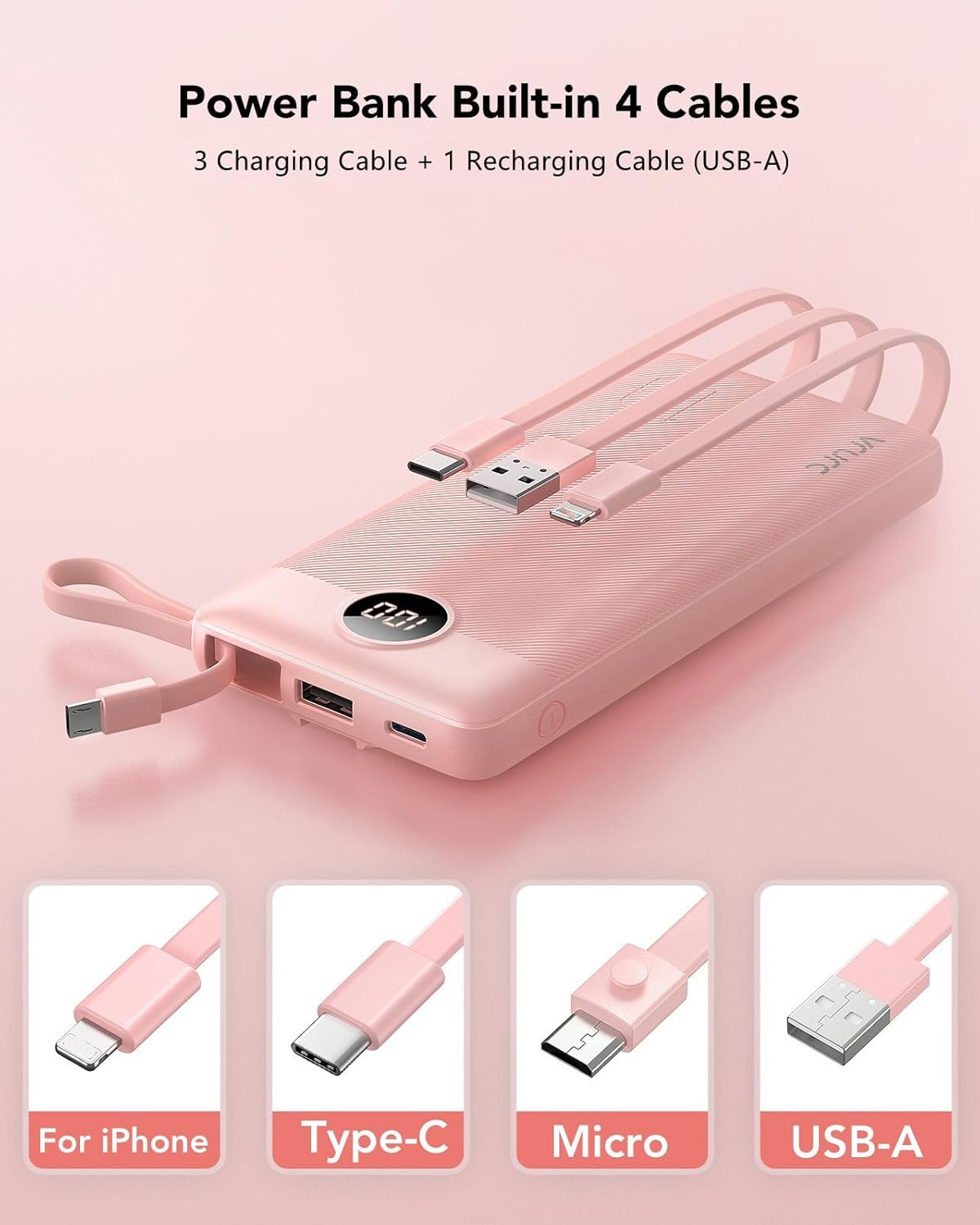 VRURC 10000mAh Power Bank Built-in Cables, Portable Charger with LED Display, Slim Travel Battery Pack with Cords, 5 Output Dual Input Phone Charger for Cell Phone Smart Devcies-Blue(1 Pack)