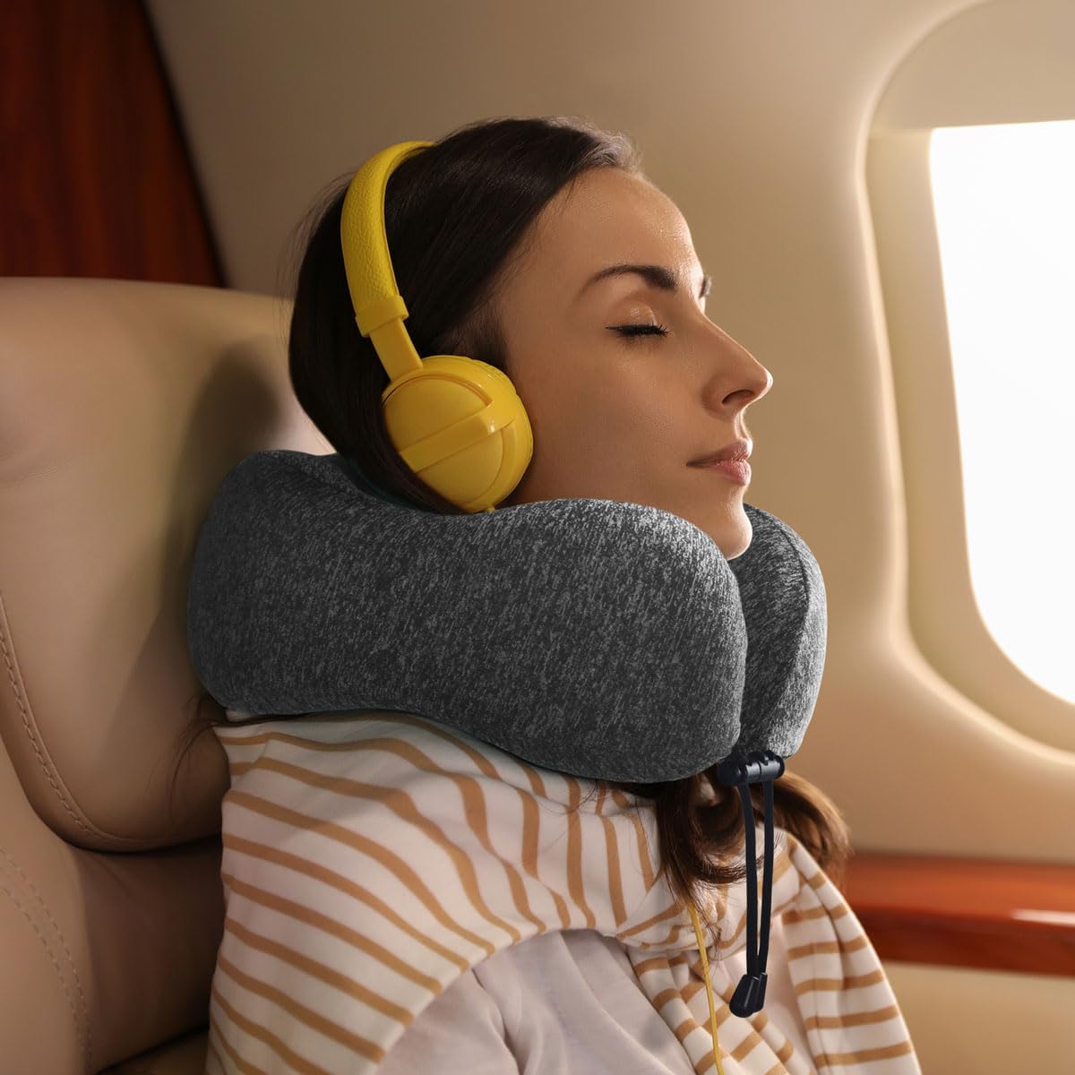 napfun Neck Pillow for Traveling, Upgraded Travel Neck Pillow for Airplane 100% Pure Memory Foam Travel Pillow for Flight Headrest Sleep, Portable Plane Accessories, Striped Black