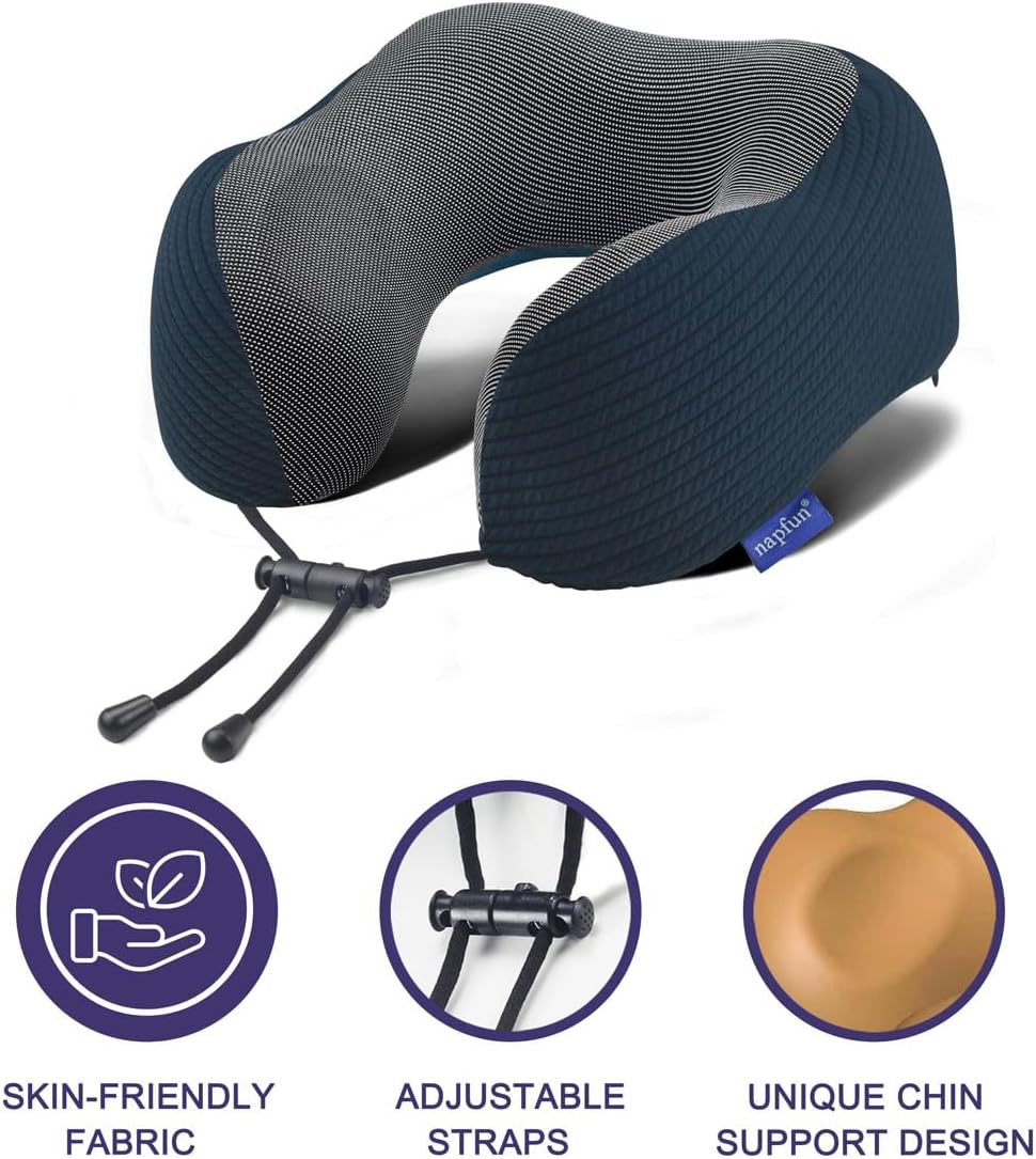 napfun Neck Pillow for Traveling, Upgraded Travel Neck Pillow for Airplane 100% Pure Memory Foam Travel Pillow for Flight Headrest Sleep, Portable Plane Accessories, Striped Black