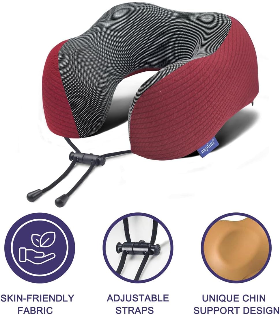 napfun Neck Pillow for Traveling, Upgraded Travel Neck Pillow for Airplane 100% Pure Memory Foam Travel Pillow for Flight Headrest Sleep, Portable Plane Accessories, Striped Black