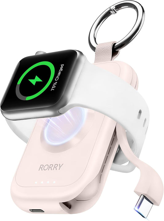 RORRY Charger for Apple Watch Series 9, 2500mAh Fast Charging Portable Charger for iWatch, Travel Charger with Built-in USB C Cable for Apple Watch Ultra Series 9 8 7 6 5 4 3 2 SE Accessories, Pink