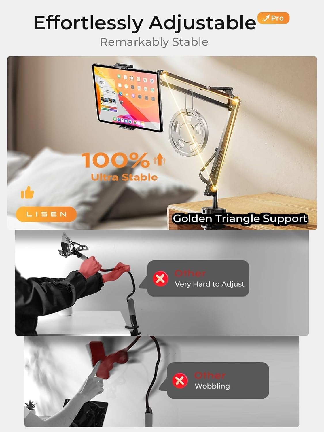 LISEN Tablet Stand Phone Holder iPad Holder for Desk Mount[Ultra Sturdy] 2 Clamps Kindle Holder for Bed Gooseneck Phone Tablet Holder Mount Phone Stand fits iPhone iPad Mini 7 Kindle 4-13&#34; Device