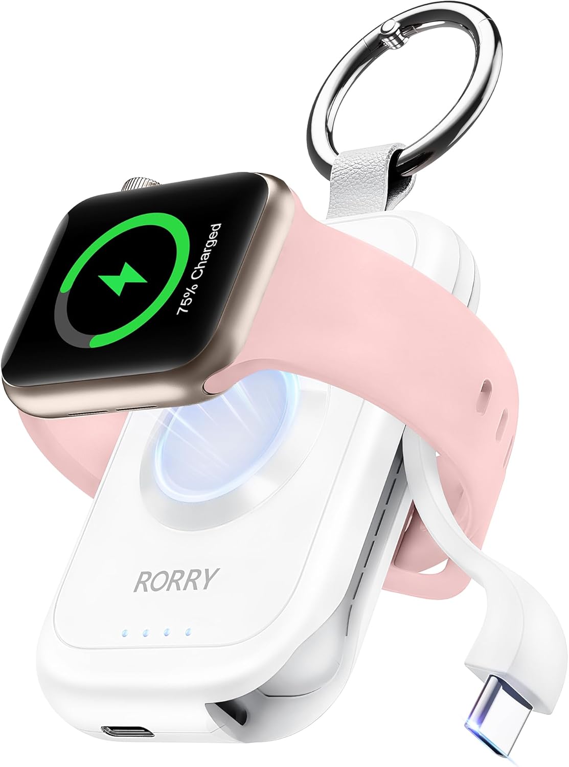 RORRY Charger for Apple Watch Series 9, 2500mAh Fast Charging Portable Charger for iWatch, Travel Charger with Built-in USB C Cable for Apple Watch Ultra Series 9 8 7 6 5 4 3 2 SE Accessories, Pink