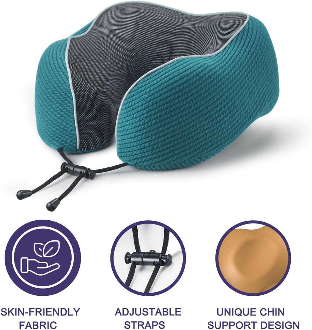 napfun Neck Pillow for Traveling, Upgraded Travel Neck Pillow for Airplane 100% Pure Memory Foam Travel Pillow for Flight Headrest Sleep, Portable Plane Accessories, Striped Black