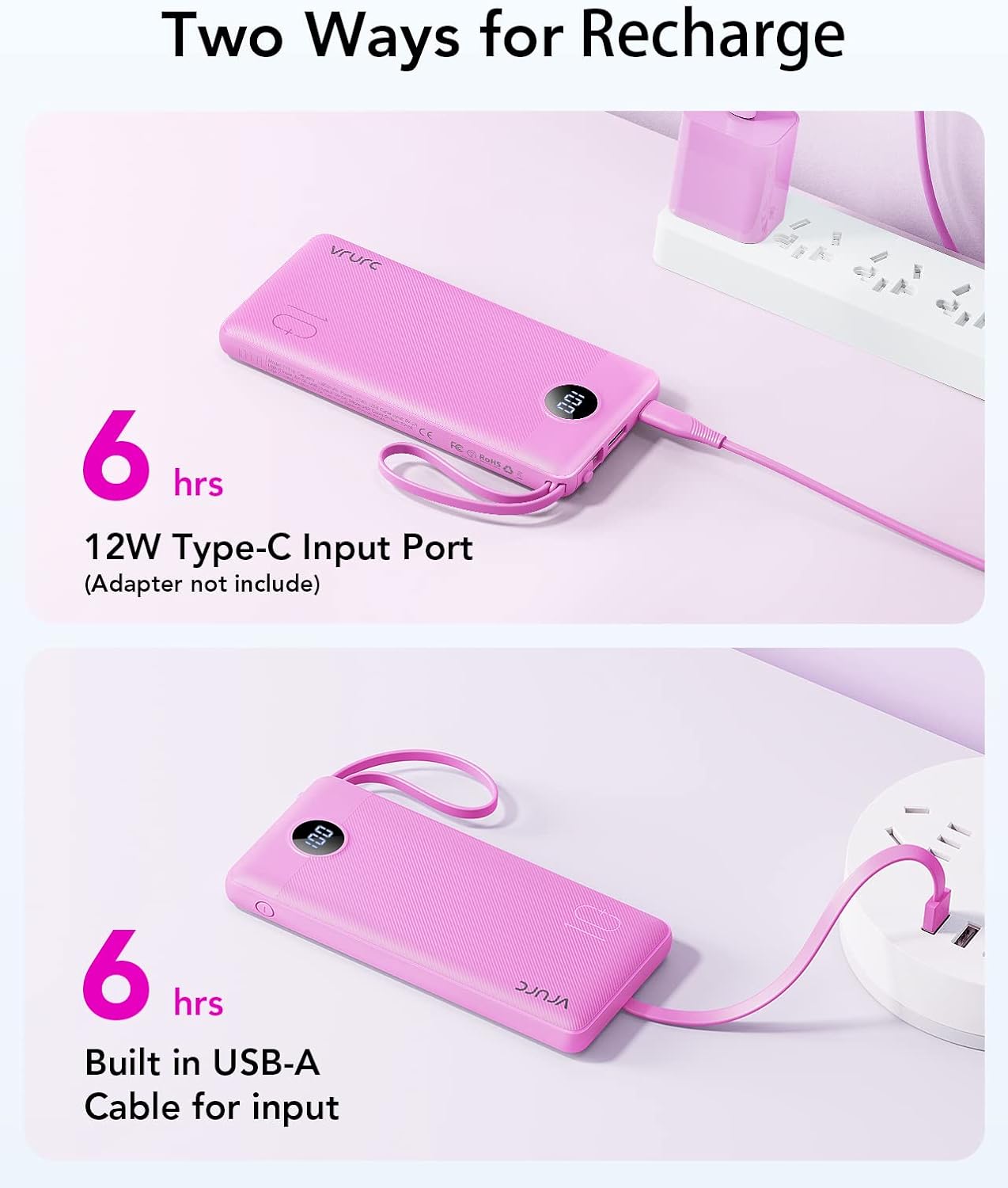 VRURC 10000mAh Power Bank Built-in Cables, Portable Charger with LED Display, Slim Travel Battery Pack with Cords, 5 Output Dual Input Phone Charger for Cell Phone Smart Devcies-Blue(1 Pack)