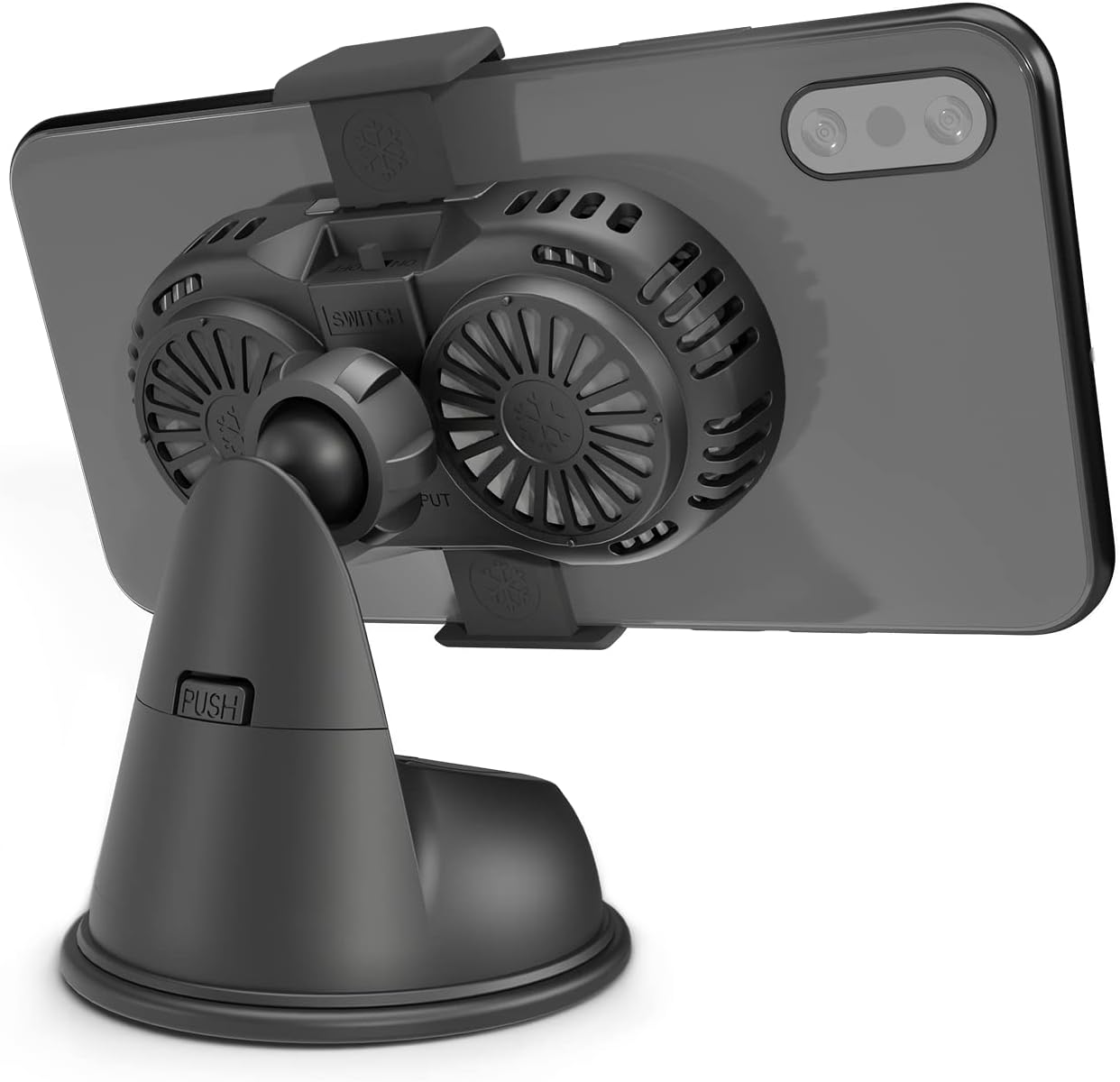 DRIVER Car Cell Phone Holder Mount 2022 with Semiconductor Cooling Fan Secured Lock Device Hands Free and Compatible for iPhone 14 Pro Max 13 12 Samsung Galaxy Google Pixel 7 6 5 Android with 5G Black