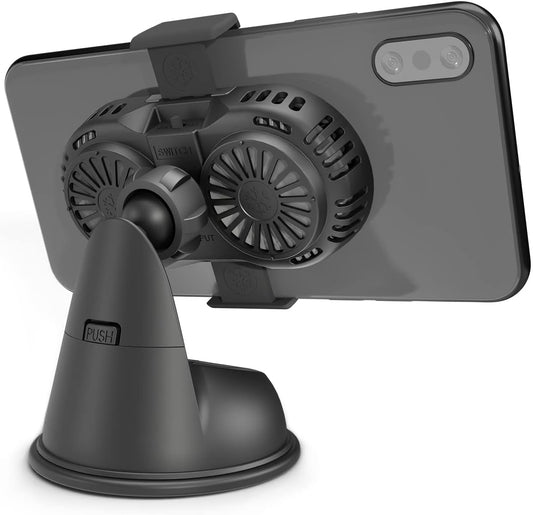 DRIVER Car Cell Phone Holder Mount 2022 with Semiconductor Cooling Fan Secured Lock Device Hands Free and Compatible for iPhone 14 Pro Max 13 12 Samsung Galaxy Google Pixel 7 6 5 Android with 5G Black