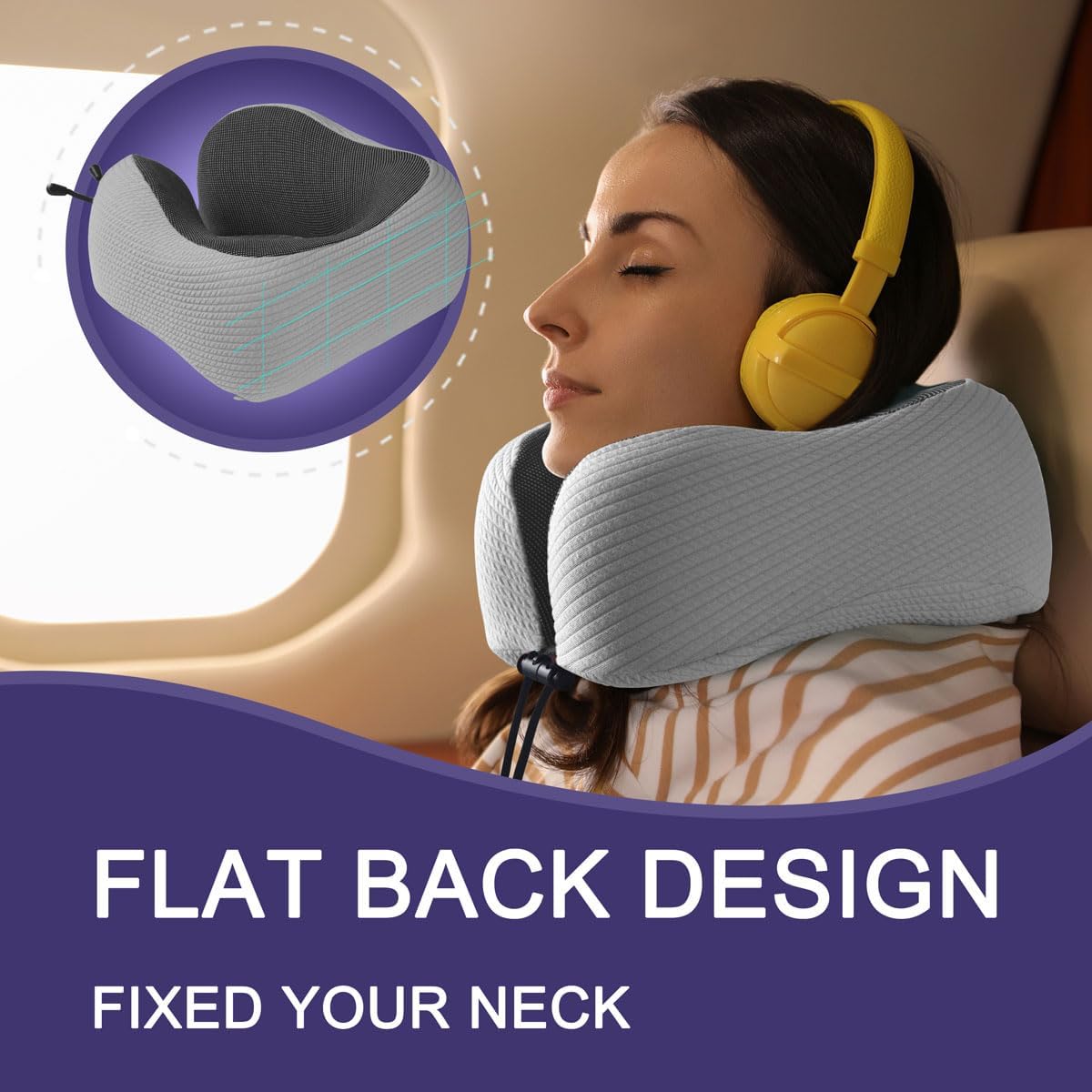 napfun Neck Pillow for Traveling, Upgraded Travel Neck Pillow for Airplane 100% Pure Memory Foam Travel Pillow for Flight Headrest Sleep, Portable Plane Accessories, Striped Black
