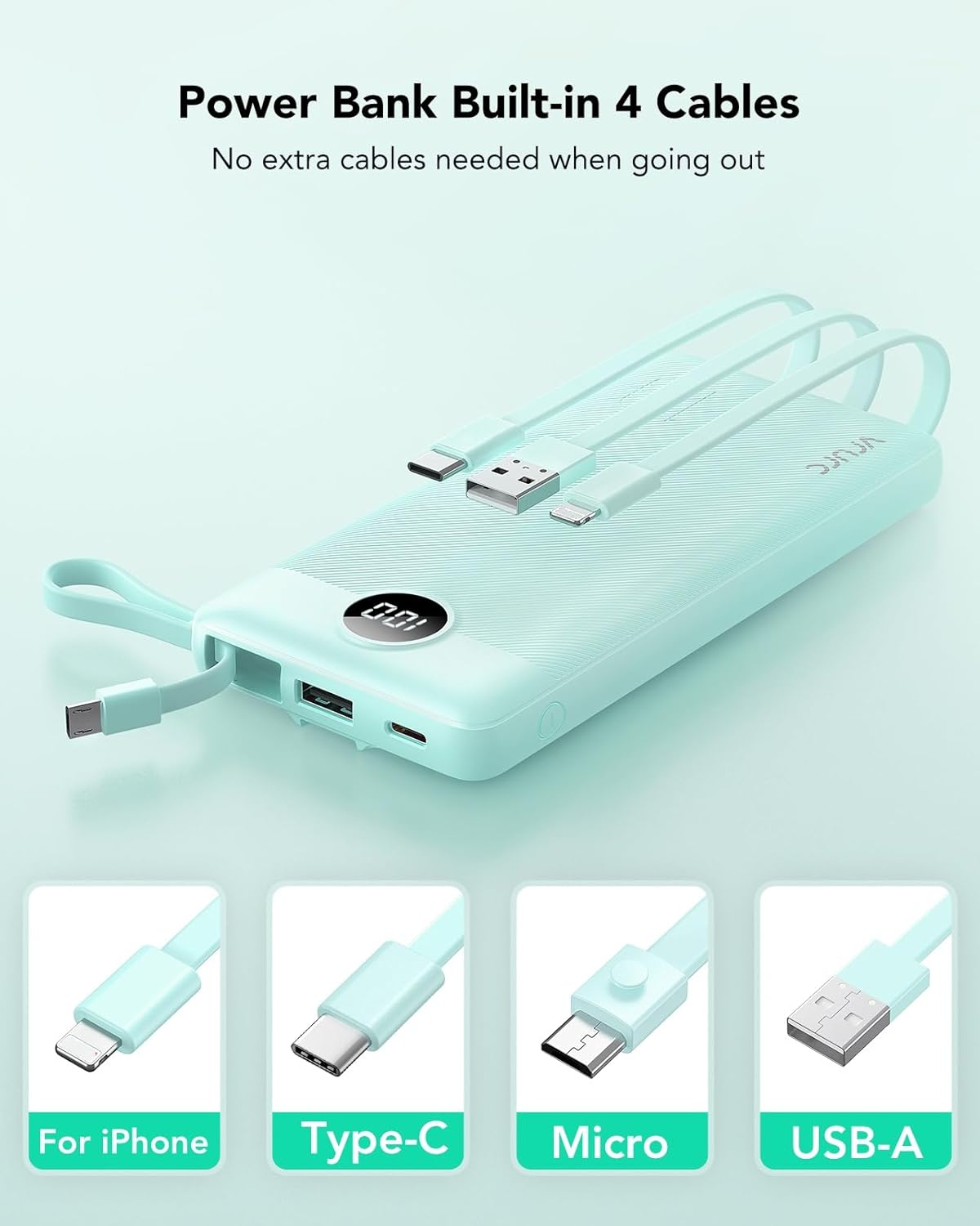 VRURC 10000mAh Power Bank Built-in Cables, Portable Charger with LED Display, Slim Travel Battery Pack with Cords, 5 Output Dual Input Phone Charger for Cell Phone Smart Devcies-Blue(1 Pack)