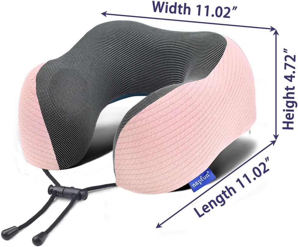 napfun Neck Pillow for Traveling, Upgraded Travel Neck Pillow for Airplane 100% Pure Memory Foam Travel Pillow for Flight Headrest Sleep, Portable Plane Accessories, Striped Black