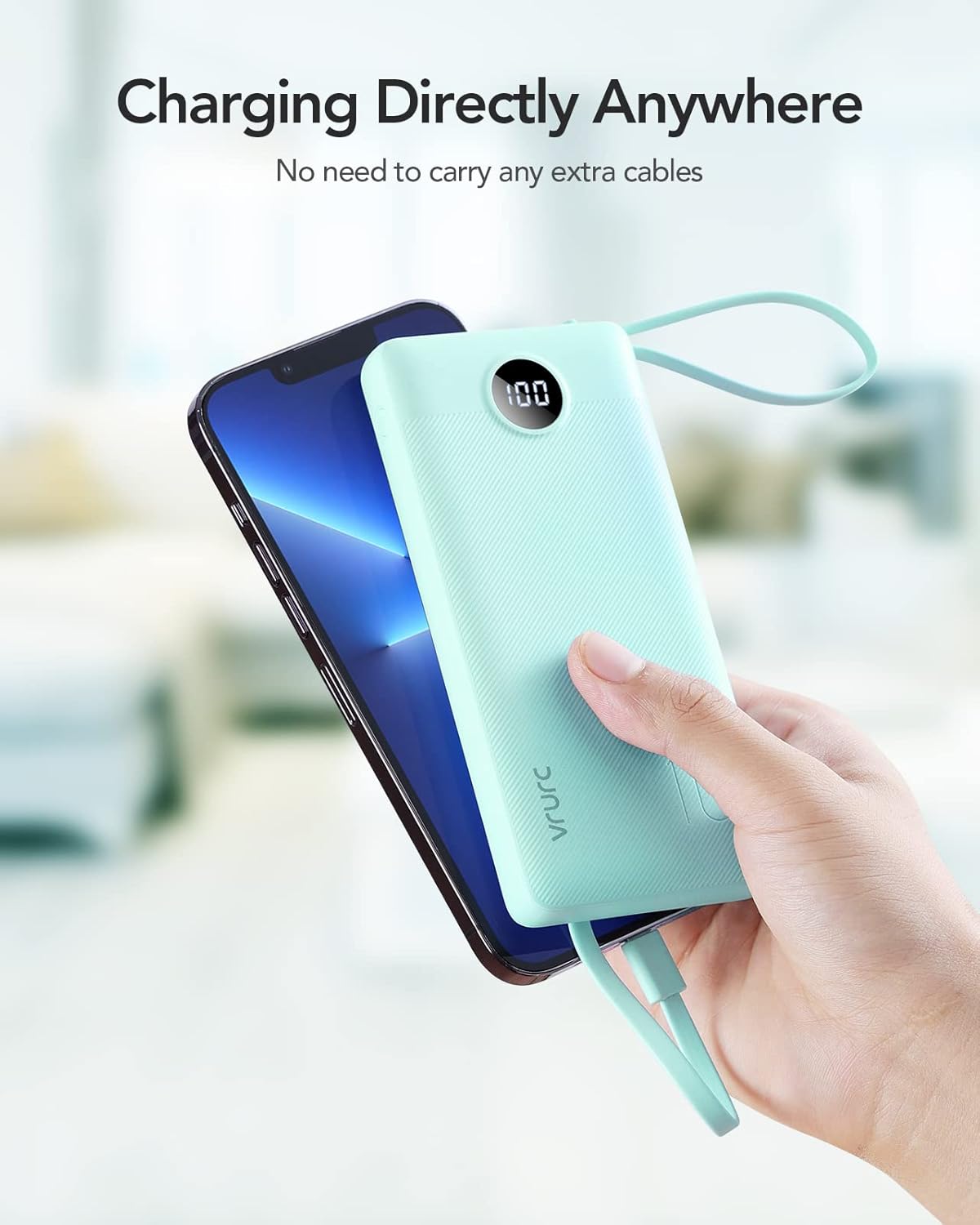 VRURC 10000mAh Power Bank Built-in Cables, Portable Charger with LED Display, Slim Travel Battery Pack with Cords, 5 Output Dual Input Phone Charger for Cell Phone Smart Devcies-Blue(1 Pack)