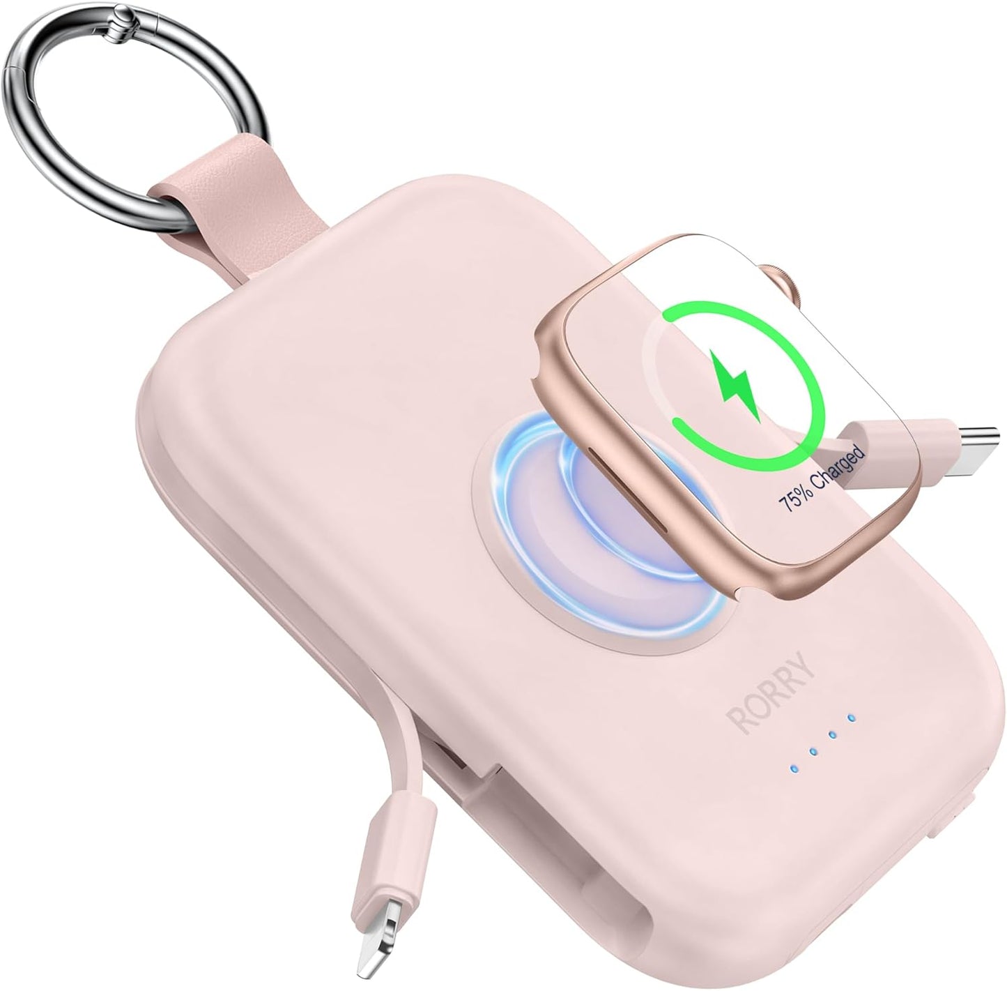 RORRY Portable Charger, 5000mAh Portable Charger Power Bank with Built-in Cables, Travel Keychain Battery Pack for Apple Watch Ultra 2/9/8/Ultra/7/6/SE/5, iPhone 16/15/14/13/12, Purple