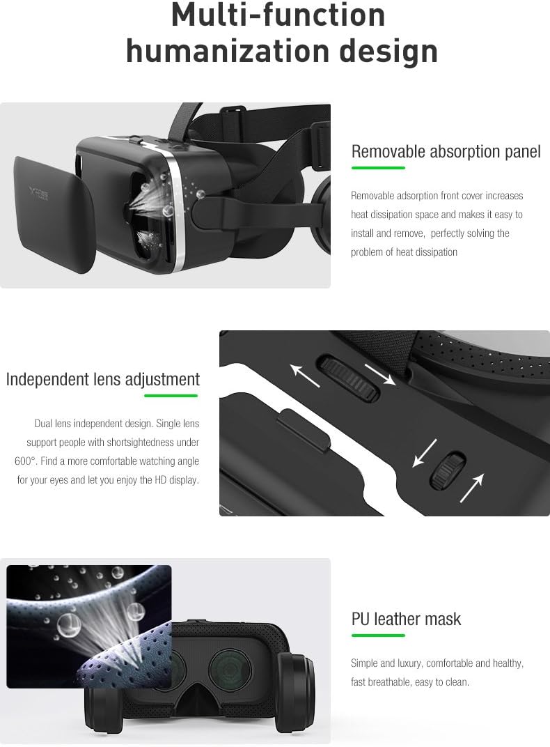 VR Headset for Samsung and Android Phones - Anti-Blue Eyes Protected HD Lenses, VR Goggles for All Smartphone /4.7-6.0in (Black) (with Handle)
