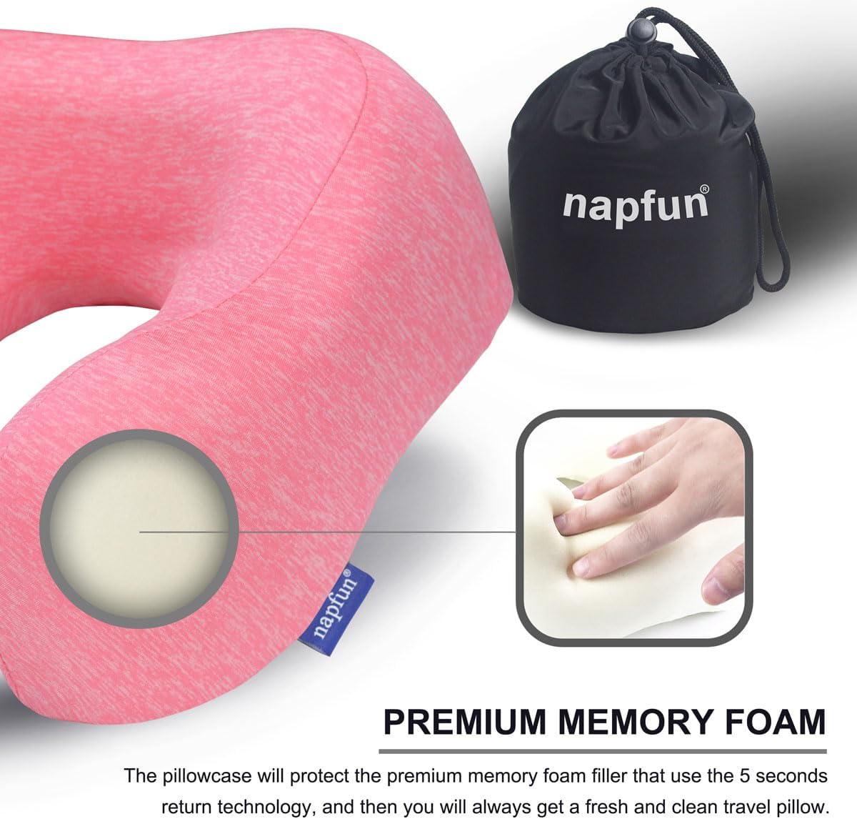 napfun Neck Pillow for Traveling, Upgraded Travel Neck Pillow for Airplane 100% Pure Memory Foam Travel Pillow for Flight Headrest Sleep, Portable Plane Accessories, Striped Black