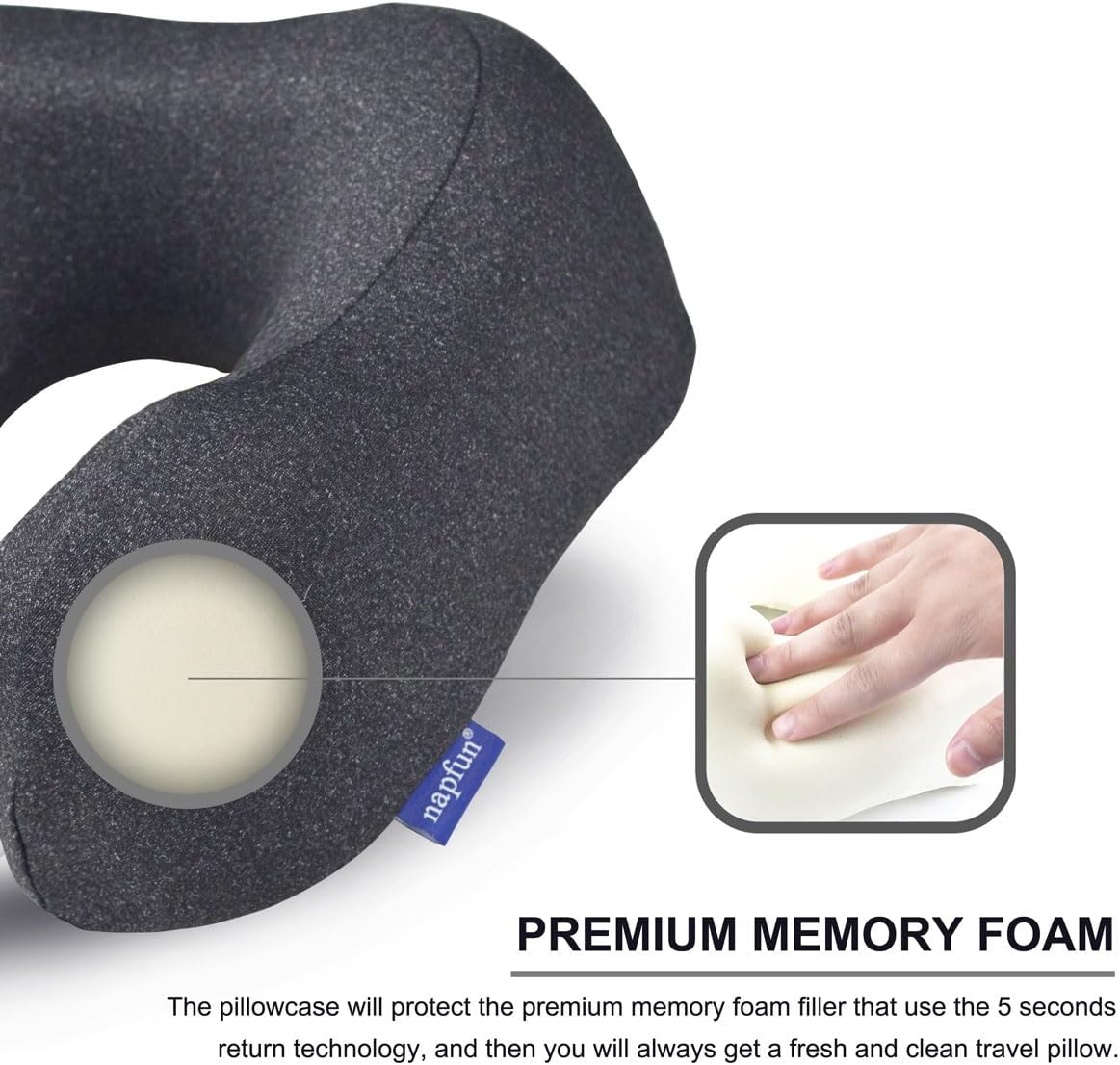napfun Neck Pillow for Traveling, Upgraded Travel Neck Pillow for Airplane 100% Pure Memory Foam Travel Pillow for Flight Headrest Sleep, Portable Plane Accessories, Striped Black