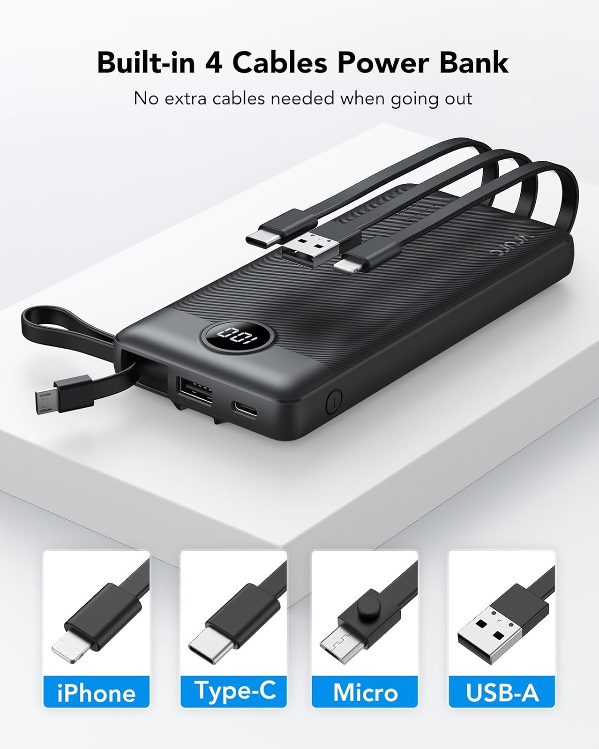 VRURC 10000mAh Power Bank Built-in Cables, Portable Charger with LED Display, Slim Travel Battery Pack with Cords, 5 Output Dual Input Phone Charger for Cell Phone Smart Devcies-Blue(1 Pack)
