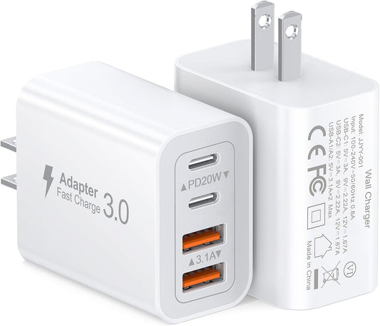 40W USB C Charger Cube, 2-Pack Wall Plug Fast Charging Block, 4-Port PD QC Power Adapter Multiport Brick Type C Box for iPhone 16/15/14/13/12/11/Pro Max/XS/XR/8/7, Tablets, Cellphones