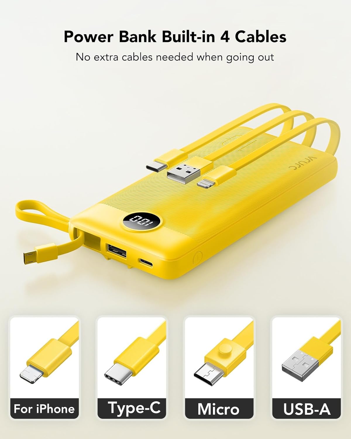 VRURC 10000mAh Power Bank Built-in Cables, Portable Charger with LED Display, Slim Travel Battery Pack with Cords, 5 Output Dual Input Phone Charger for Cell Phone Smart Devcies-Blue(1 Pack)