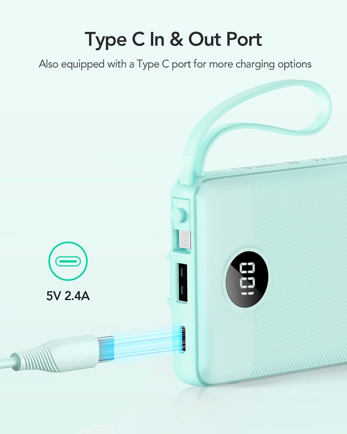 VRURC 10000mAh Power Bank Built-in Cables, Portable Charger with LED Display, Slim Travel Battery Pack with Cords, 5 Output Dual Input Phone Charger for Cell Phone Smart Devcies-Blue(1 Pack)