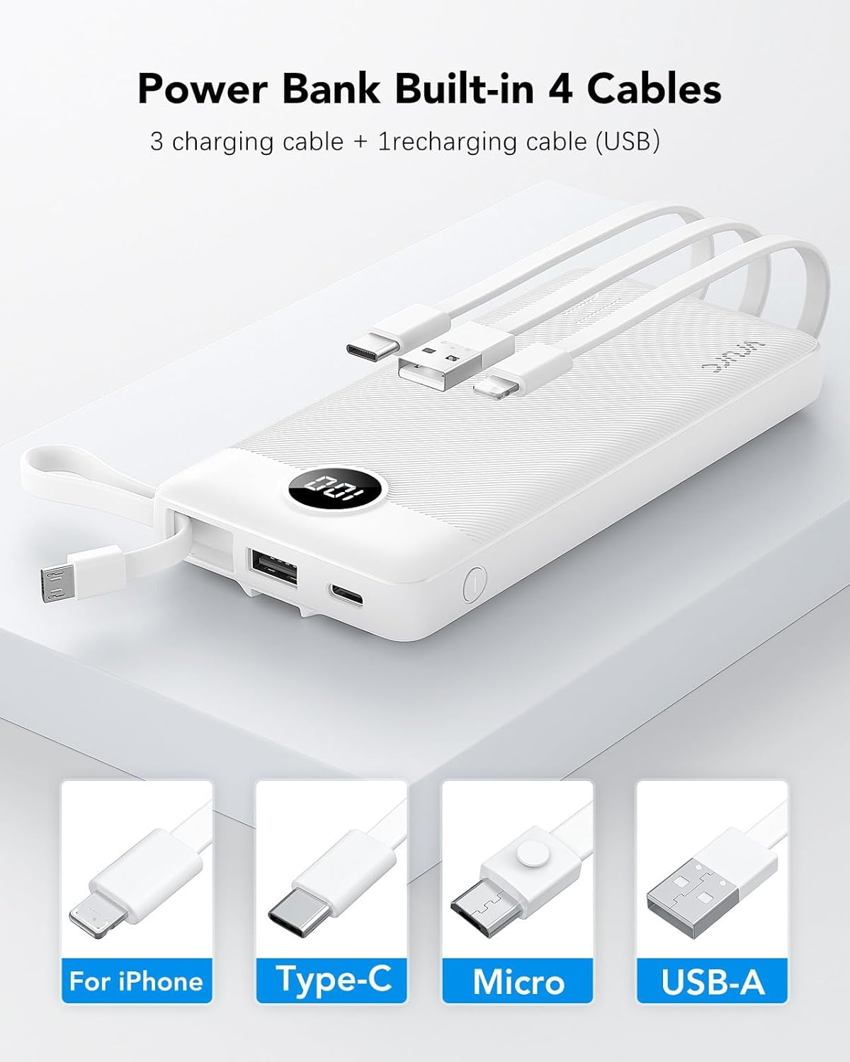 VRURC 10000mAh Power Bank Built-in Cables, Portable Charger with LED Display, Slim Travel Battery Pack with Cords, 5 Output Dual Input Phone Charger for Cell Phone Smart Devcies-Blue(1 Pack)
