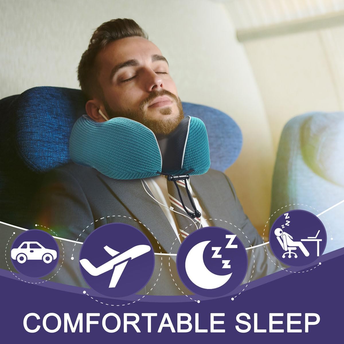 napfun Neck Pillow for Traveling, Upgraded Travel Neck Pillow for Airplane 100% Pure Memory Foam Travel Pillow for Flight Headrest Sleep, Portable Plane Accessories, Striped Black